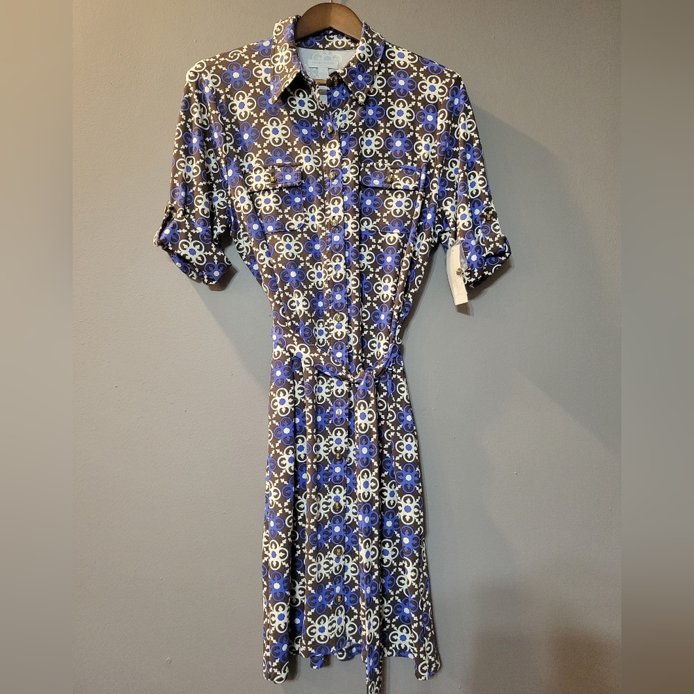 Charter Club La Vida Dolce Dress Dark Walnut/Blue Half Sleeve Midi Size PL NWT